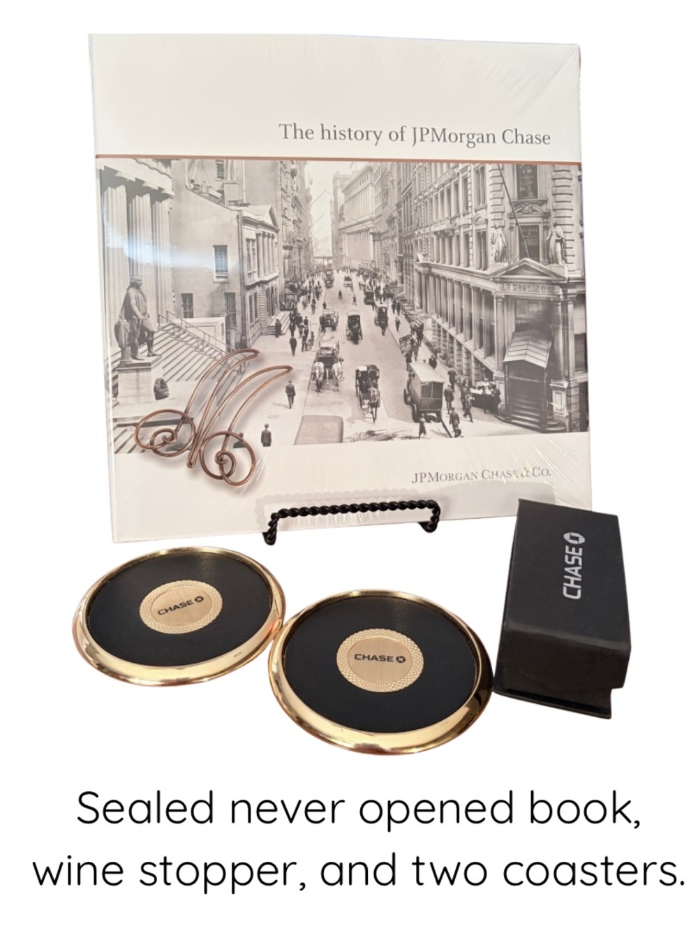 JPMorgan Chase History Book Sealed New Coasters Wine Bottle Stopper Gift Set